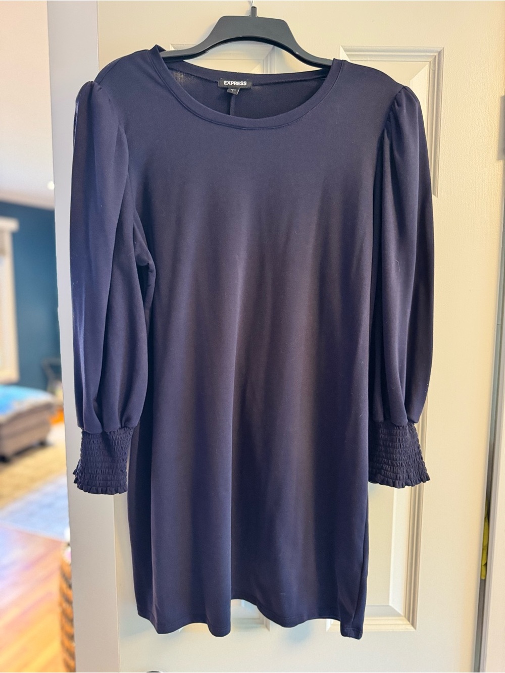Express Navy Long-Sleeve Puff-Sleeve Shift Dress